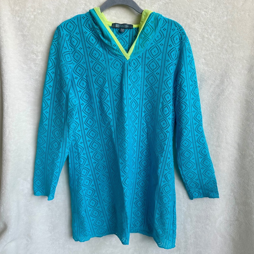 Title Nine Lazer Cut Hooded Swim Coverup Tunic Teal Turquoise Lime Womens M‎
